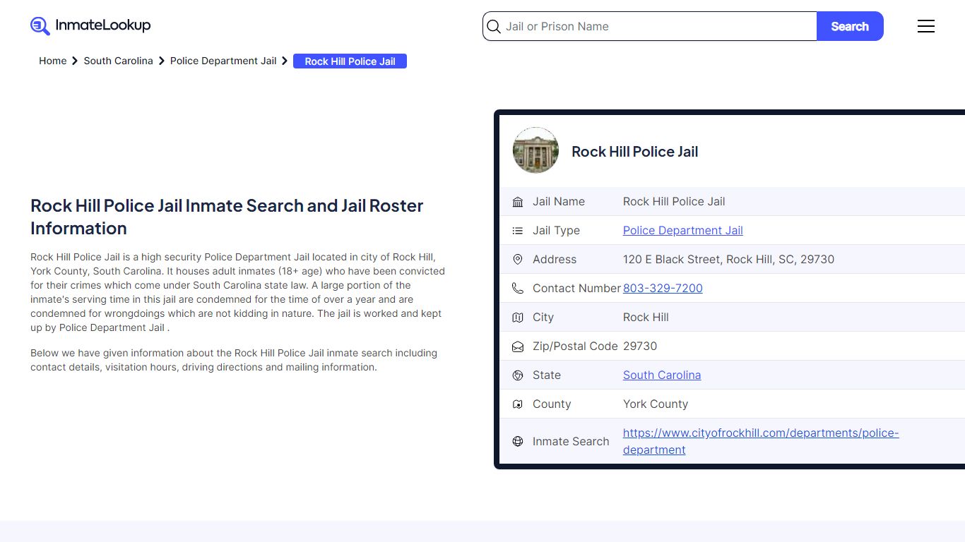 Rock Hill Police Jail (SC) Inmate Search South Carolina - Inmate Lookup